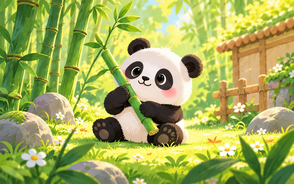 阳光下，抱着竹子的小熊猫坐在花丛里