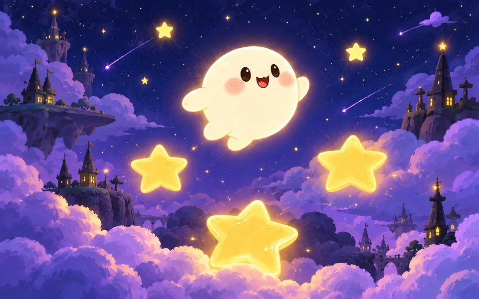 软萌团子在紫色夜空中踩着金色星星跳跃